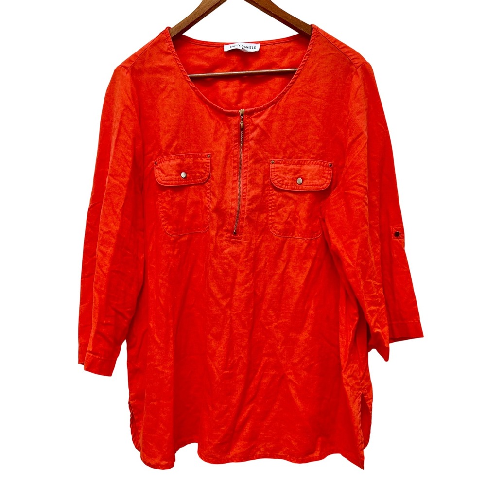 Emily Daniels Womens Top XL Orange Linen Blend 1/4 Zip Resortwear Beach‎ Casual